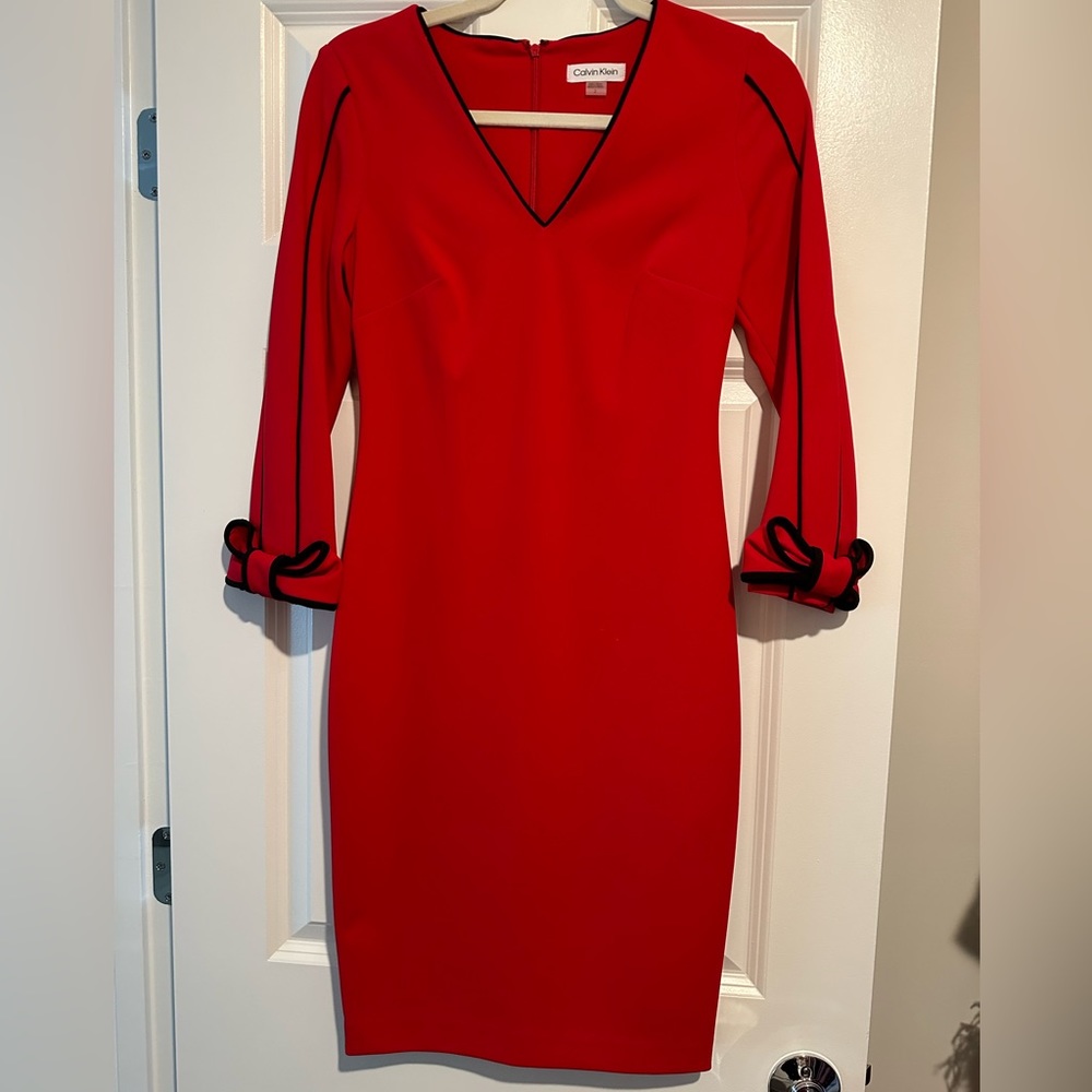 Calvin Klein Red Piped Bow Sleeve Sheath Dress, used like new. Size 2